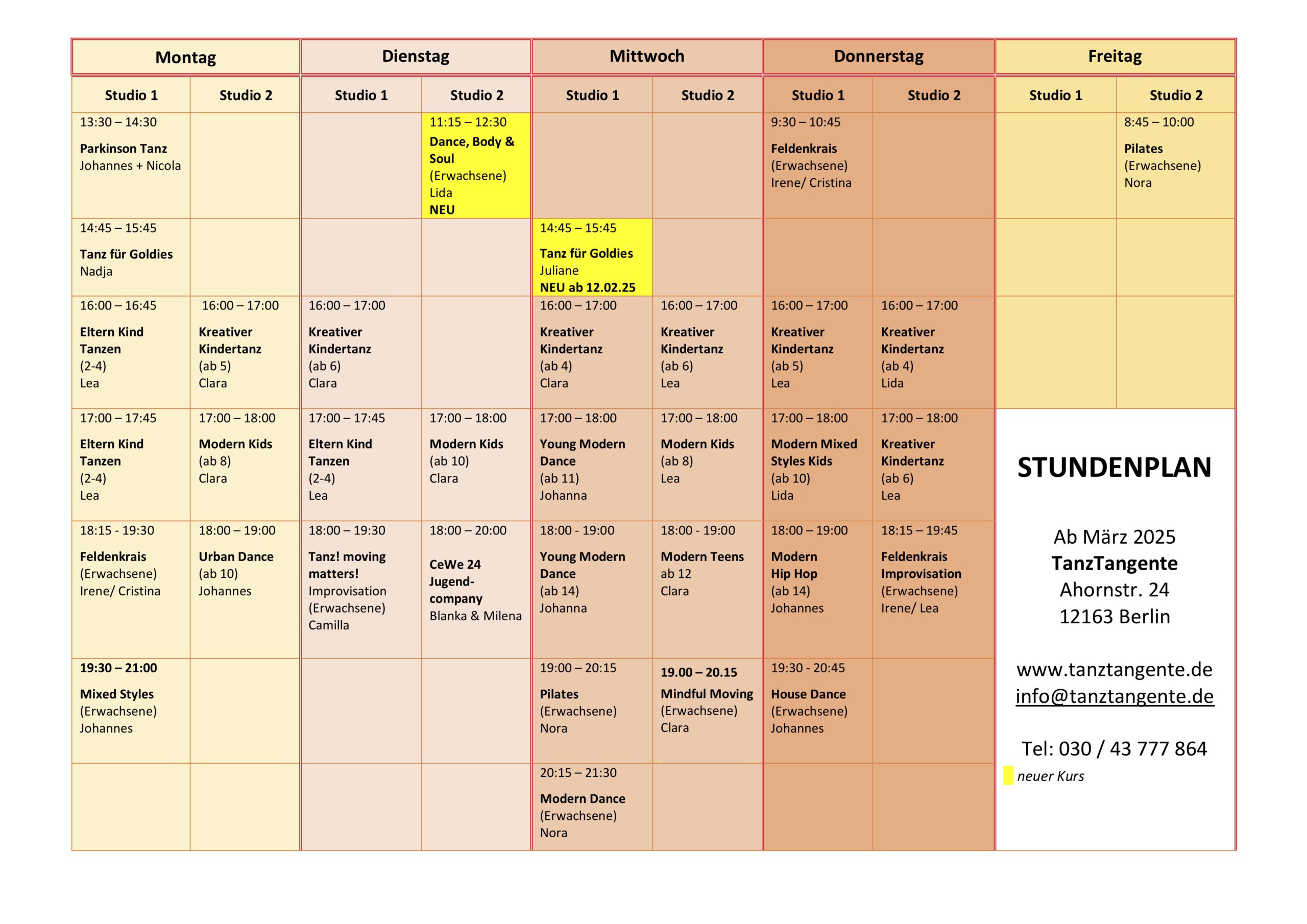 Mehr über den Artikel erfahren STUNDENPLAN TANZTANGENTE